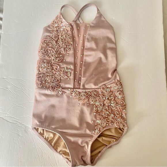 Custom solo custom dance costume leotard blush mauve rhinestone MC med child - Picture 3 of 14